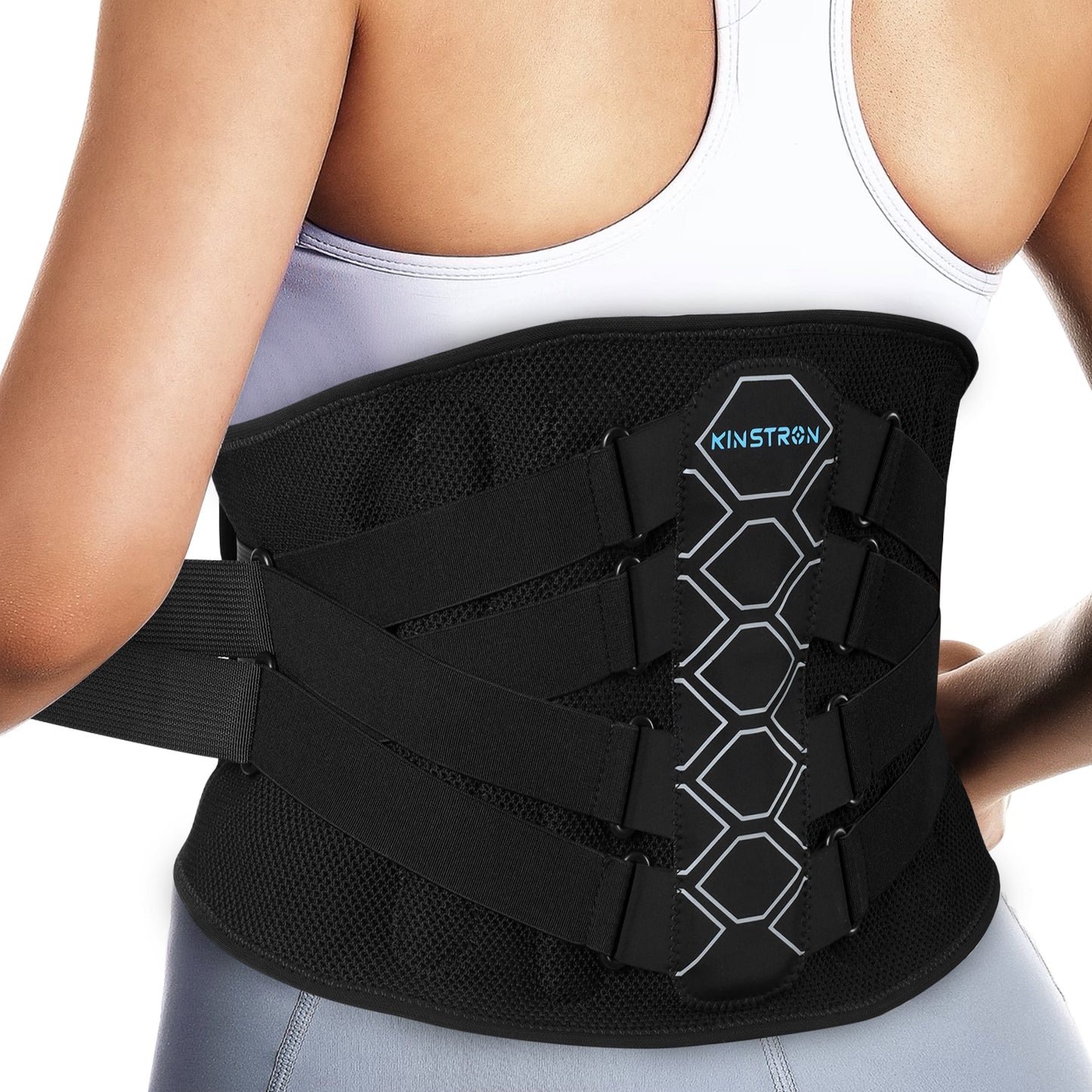 Kinstron Lumbar Support Back Brace with Adjustable Compression Straps – Breathable Mesh, Memory-Aluminum Stays & Removable Pad – Ergonomic Lower Back Support Belt for Work, Fitness & Daily Pain Relief